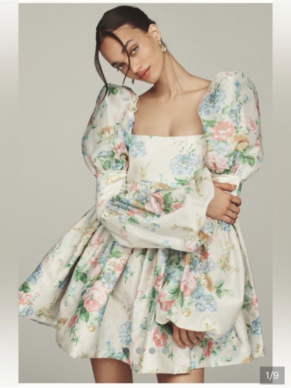 Selkie Cream Floral Puff-Sleeve Mini Dress with Pastel Bouquet